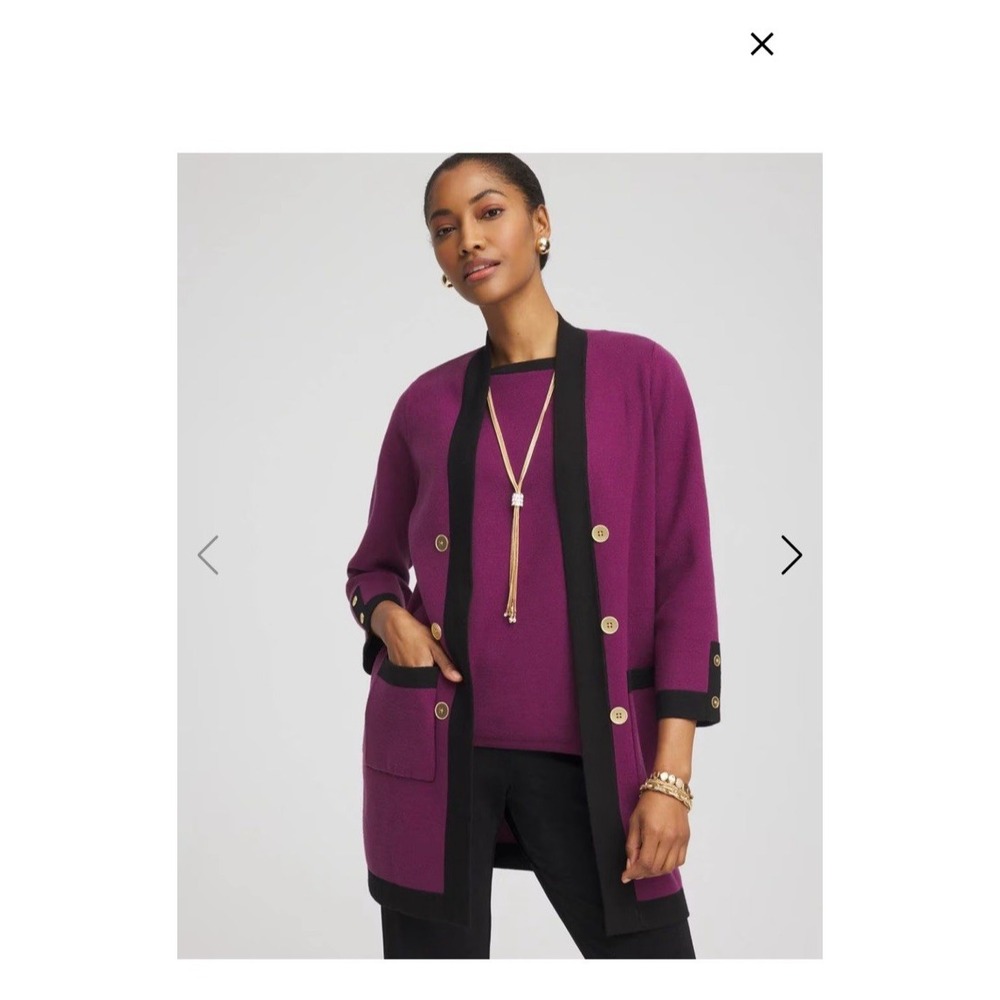 Chico's Sweater Jacket Womens XL Purple Black Contrast Trim Cardigan Button